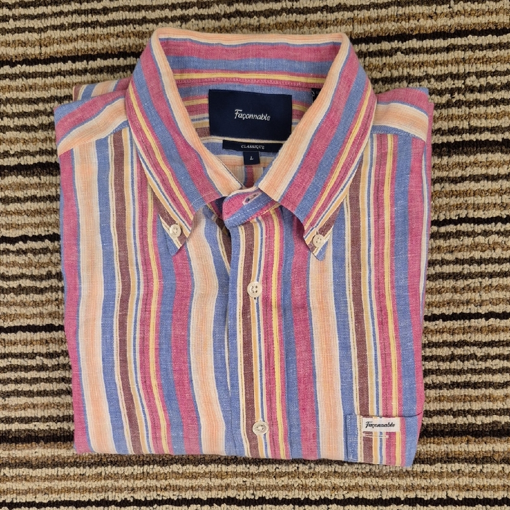 FACONNABLE Classique Pink Blue Grey Brown Striped LINEN L Mens Long Sleeve Shirt